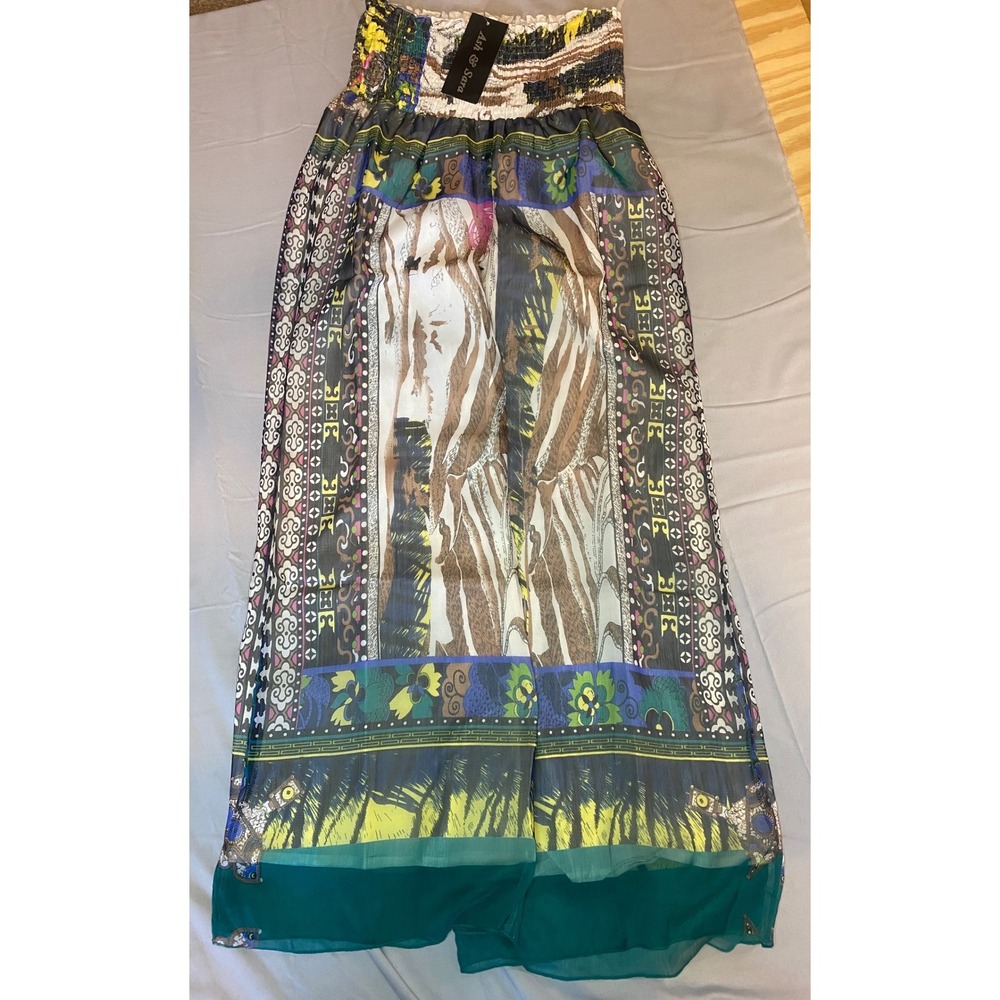Ash‎ & Sara Wide Leg Pants Women's Medium Turquoise NWT Boho Mixed Print Smocked